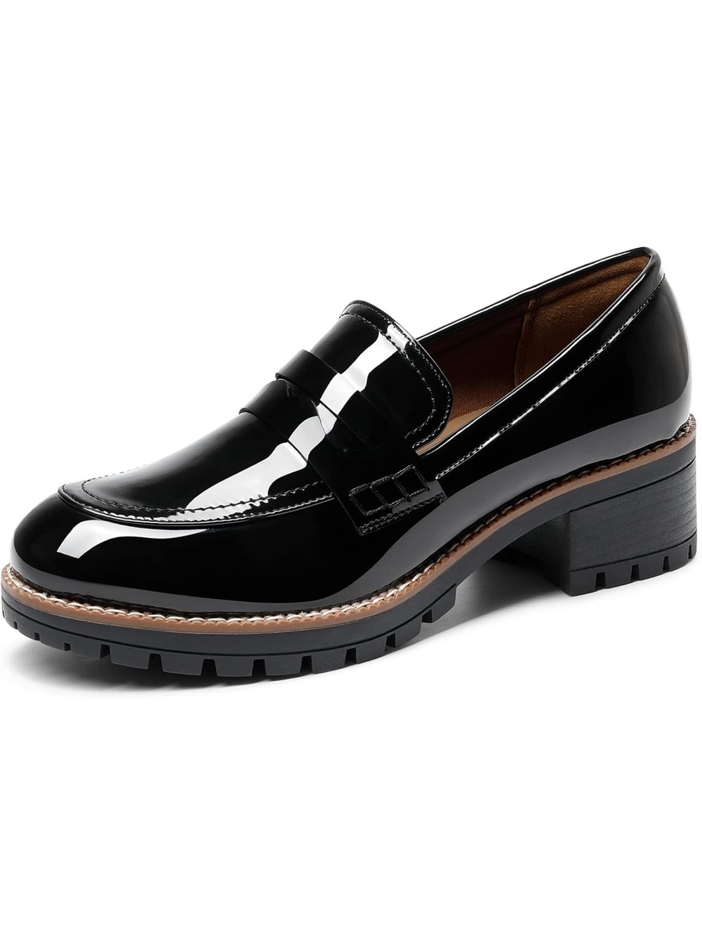 Saks Fifth Avenue Black Patent Lug-Sole Penny Loafer with Contrast Welt New Sz.8